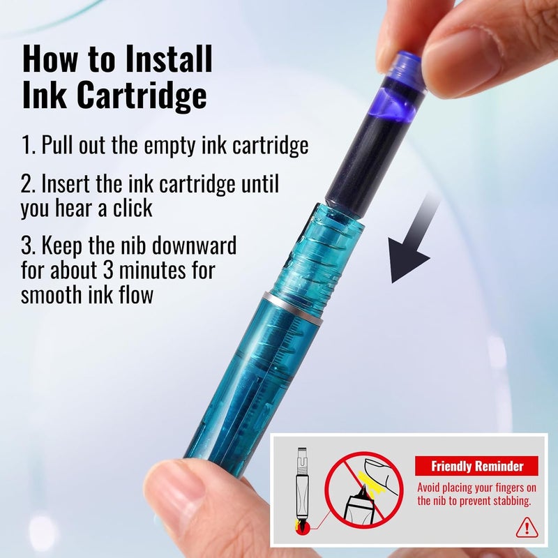 WRITECH Clictek Fountain Pen Set: Retractable Style Blue Ink Medium Nib Transparent Barrel, Includes 5 Ink Cartridges for Gift Set, Smooth Writing No Leaking - Image 2